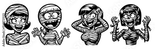 cartoon mummy girl illustrations – funny halloween vector set