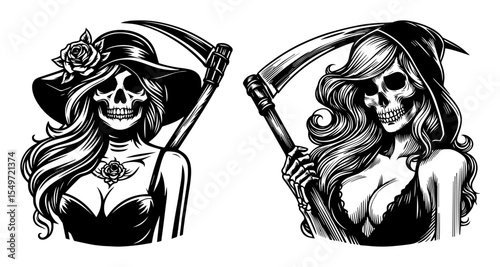 sexy grim reaper girls – female skeleton death vector set