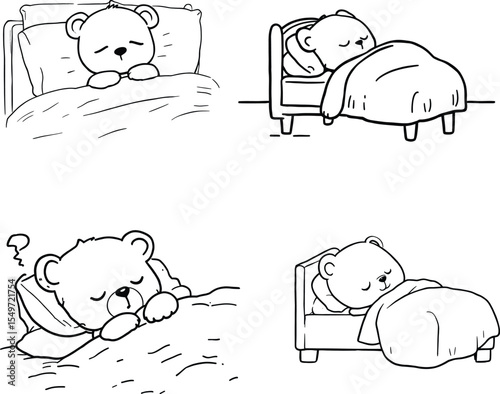 Black vector illustration of four sleeping teddy bears in cozy bedtime poses—some tucked under blankets, others resting with heads on pillows—arranged in a 2x2 grid and rendered in a minimalistic 