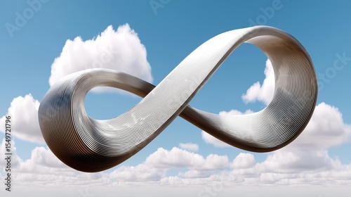 Futuristic metallic mobius strip sculpture amidst clouds