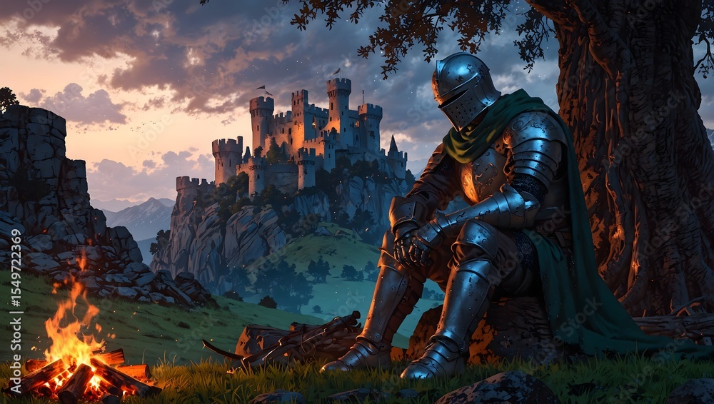 Fototapeta premium Knight's Evening Rest: Medieval Castle & Campfire Under Dusk Sky