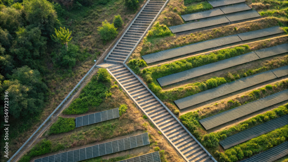 Obraz premium Aerial view of solar farm with rows of solar panels surrounded by greenery, showcasing sustainable energy and environmental harmony
