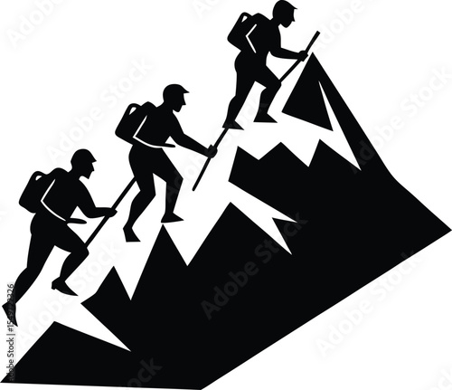 Silhouette of Hiking Team Ascending a Sharp Mountain Ridge in Unity