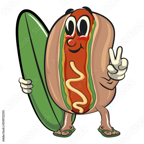 cute hot dog mascot cartoon vector illustration with surfboard and gave a peace sign, funny fast food character isolated on transparent background, work of hand drawn