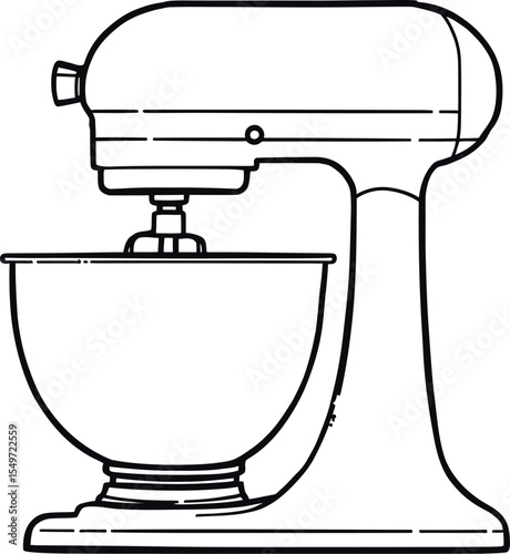 Black vector illustration of a classic stand mixer with a mixing bowl, tilted motorized head, side dial, and beater attachment, rendered in a minimalistic silhouette style to represent baking essentia
