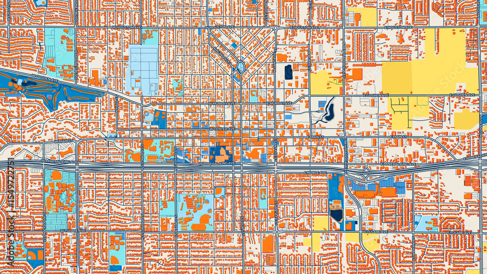 Fototapeta premium Colorful Visalia Street Map with Labels and Buildings