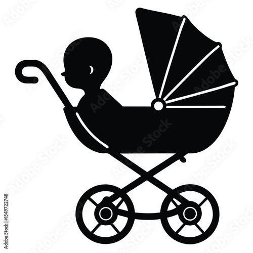Simple black silhouette of a baby in a vintage pram or stroller