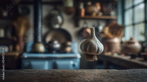 Mid-air bulb of garlic with papery skin on a softly blurred rustic cookware backdrop under perfect lighting