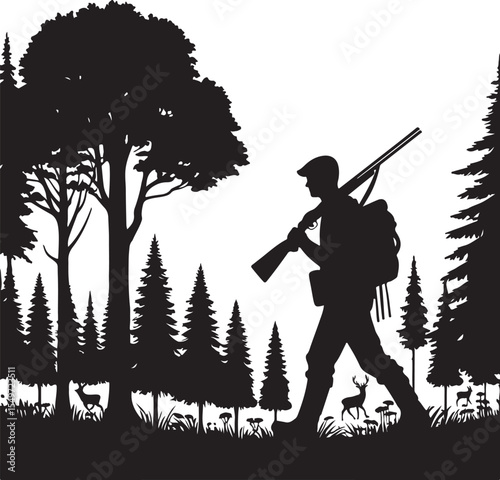 Silhouette of Hunter Walking in Dense Forest with Rifle on Shoulder,  Wilderness Trek Vector.new 2025 trendy