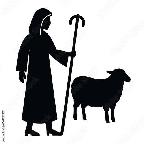 Shepherd holding a crook stands beside a sheep in a simple black silhouette