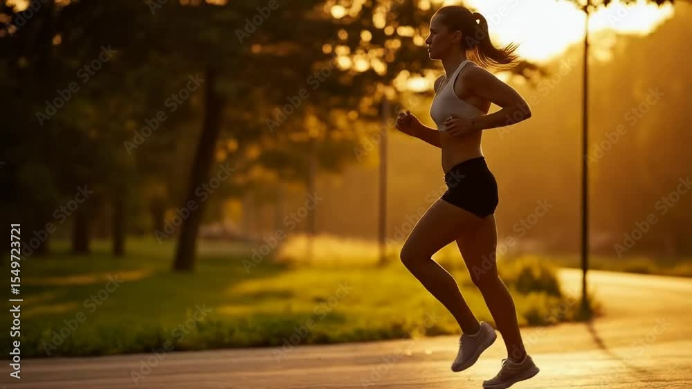 A woman wearing activewear is jogging on a path. Sunlight streams through trees in park, creating a warm glow. She exercises for health and fitness during day