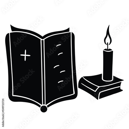 Open bible with a cross and a lit candle on a book