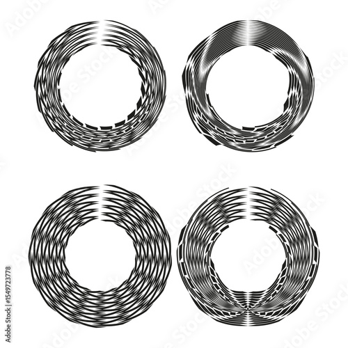 Braided ring shapes. Woven circle patterns. Rope texture design. Vector twisted loops.