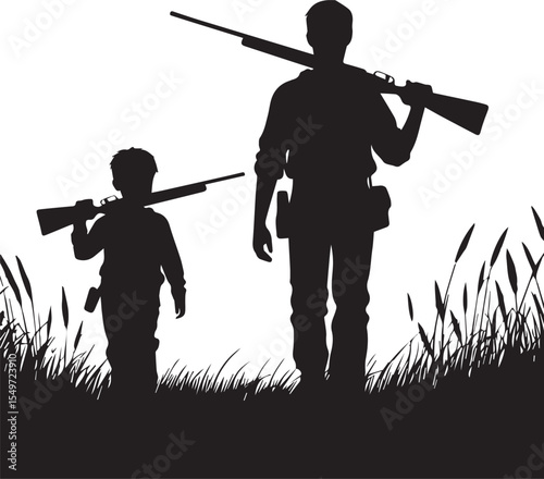  Father and Son Hunting Silhouette with Rifles in Tall Grass.new 2025 trendy