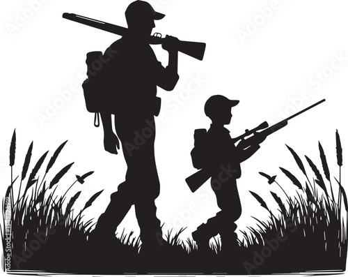 Father and Son Hunting Silhouette with Rifles in Tall Grass,  Outdoor Bonding Vector Illustration.new trendy 2025