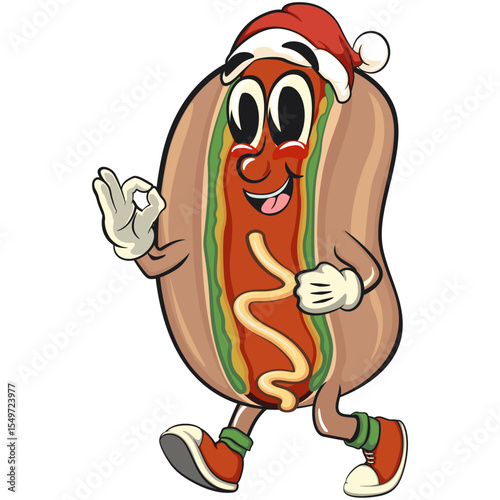 cute hot dog mascot cartoon vector illustration wearing a Santa Claus hat, funny fast food character isolated on transparent background, work of hand drawn