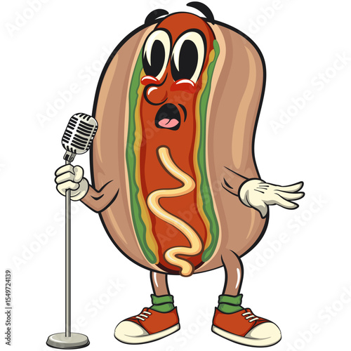 cute hot dog mascot cartoon vector illustration on front of the mic become a stand up comedian, funny fast food character isolated on transparent background, work of hand drawn