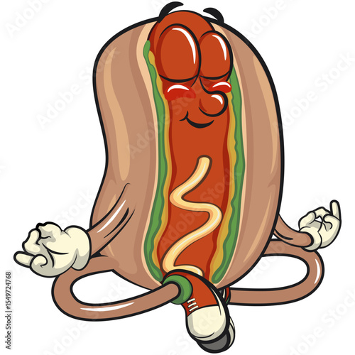 cute hot dog mascot cartoon vector illustration meditating, funny fast food character isolated on transparent background, work of hand drawn