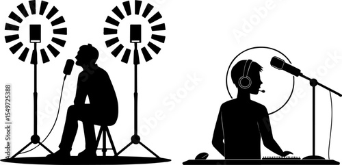 Podcast Recording and Live Streaming Setup with Microphones and Ring Lights