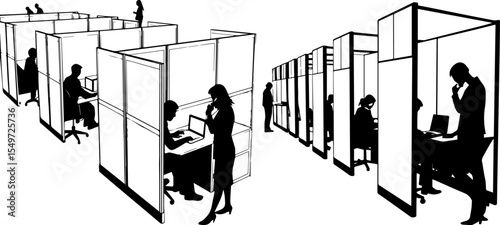 Busy Office Cubicles - Corporate Work Environment & Employee Silhouettes