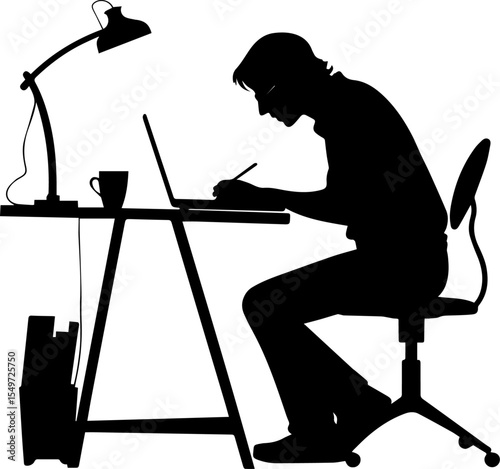Person Working at Desk - Remote Work & Study Silhouette with Laptop