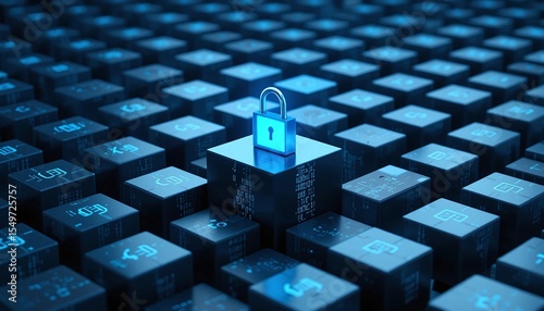 Padlock on a digital cube represents cybersecurity and data protection