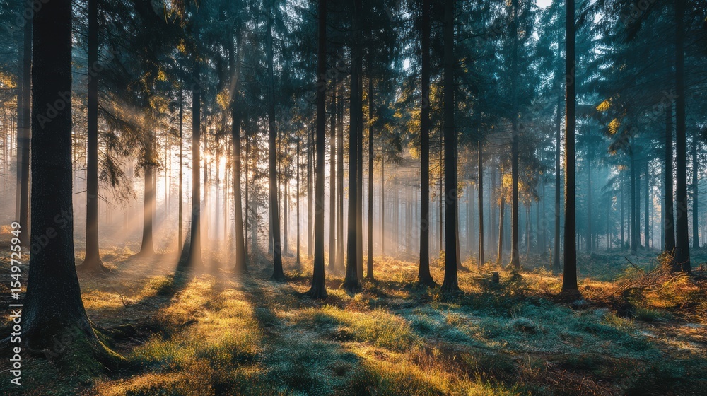 Naklejka premium Misty evergreen forest at dawn with sun rays piercing through tall pines