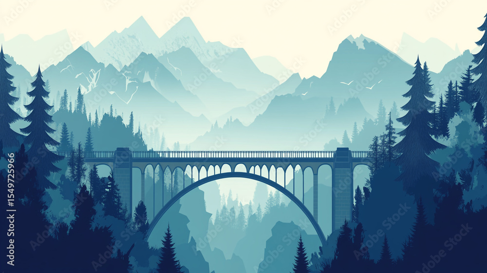 Fototapeta premium A stylized vector illustration featuring a stone bridge with arches spanning a river, set against a backdrop of snow-capped mountains and pine forests in various shades of blue.