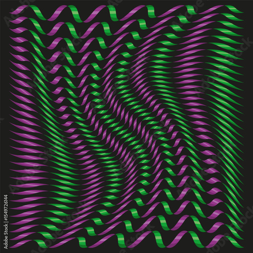 Wavy line pattern. Purple green stripes. Flowing wave Vector. Dynamic rhythm background.