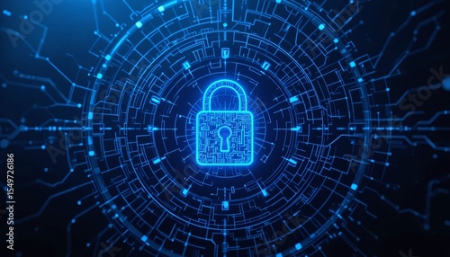 Digital cybersecurity lock protecting data on a futuristic network