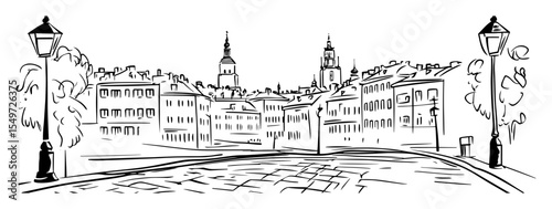 hand drawn european city street with historical buildings and lanterns – vector line art