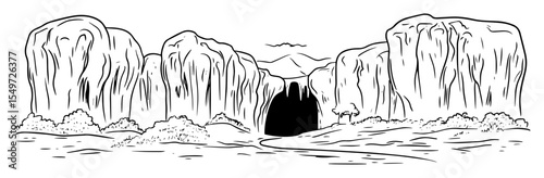 vector mountain landscape with rock cliffs and cave – black and white line drawing