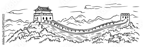 hand drawn great wall of china in mountainous landscape – vector line art