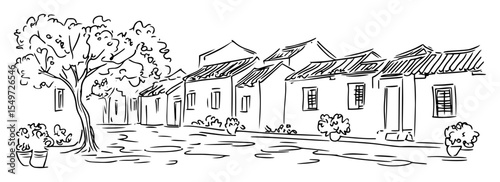 chinese village houses with trees and peaceful street – hand drawn vector