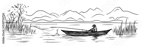 man rowing boat on lake with reeds and distant mountains – vector nature sketch