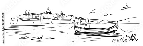 coastal town with boat and historical buildings – vector line illustration