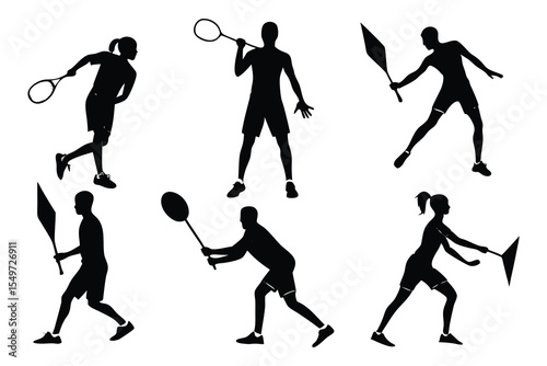 Badminton Players Silhouettes Training Competition Action Poses