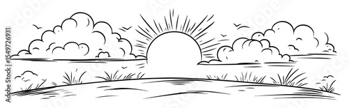 sunset over field with clouds and grass – hand drawn vector sketch