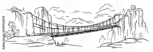 suspension bridge between rocky cliffs in mountain landscape – vector sketch