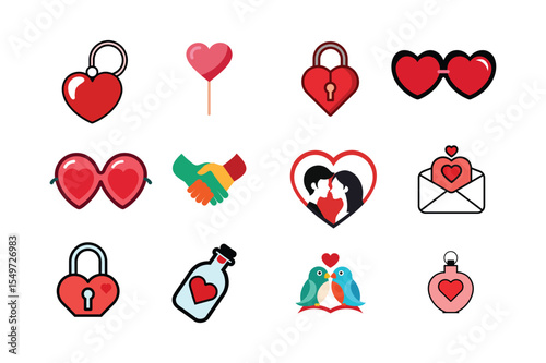 Romantic elements including heart shaped keychain sunglasses lollipop love message in bottle lovebirds and kissing couple Vector illustration on white background