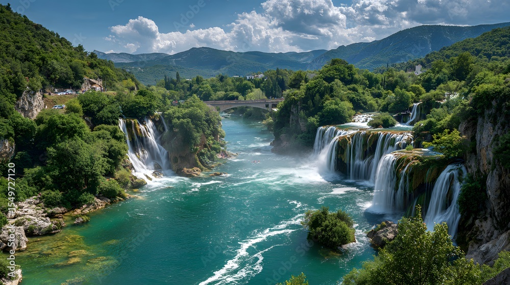 Fototapeta premium Panoramic View of Majestic Cascading Waterfalls Flowing Through a Verdant Valley. generative AI