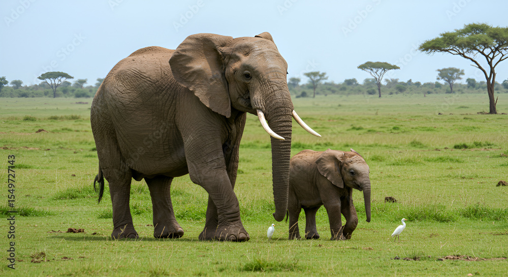 Fototapeta premium African elephants majestic mother and calf serene savanna landscape breathtaking wildlife scene