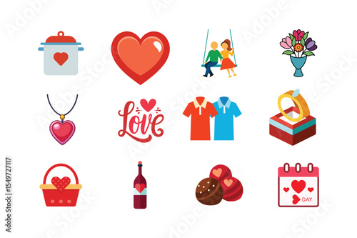 Romantic items collection with heart shaped pendant proposal ring couple on swing picnic basket chocolate truffles and calendar Vector illustration on white background