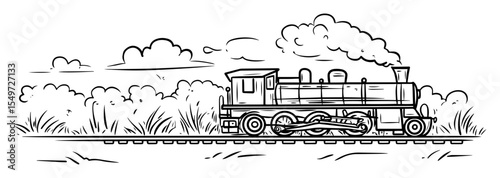 steam locomotive moving through countryside – vintage train vector