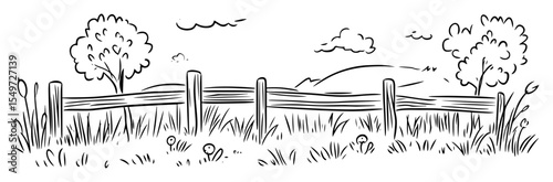 fence and trees in meadow with hills – vector rural landscape sketch