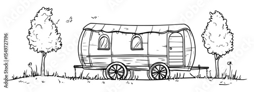 wooden gypsy caravan in field with trees – rustic travel sketch