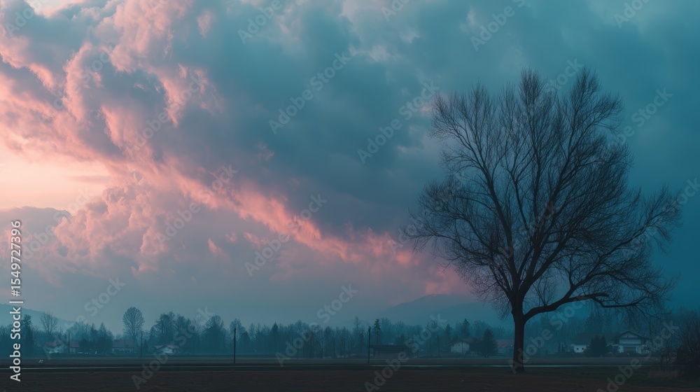 Obraz premium Moody header of storm clouds behind a solitary tree on a softly blurred landscape background