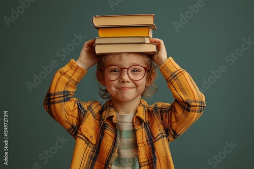 Little pupil holding a stack of books on her head, smiling, promoting education and learning