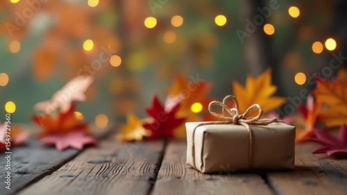 Wallpaper Mural On an autumn background with lights lies a gift wrapped in crab paper. free space for text Torontodigital.ca