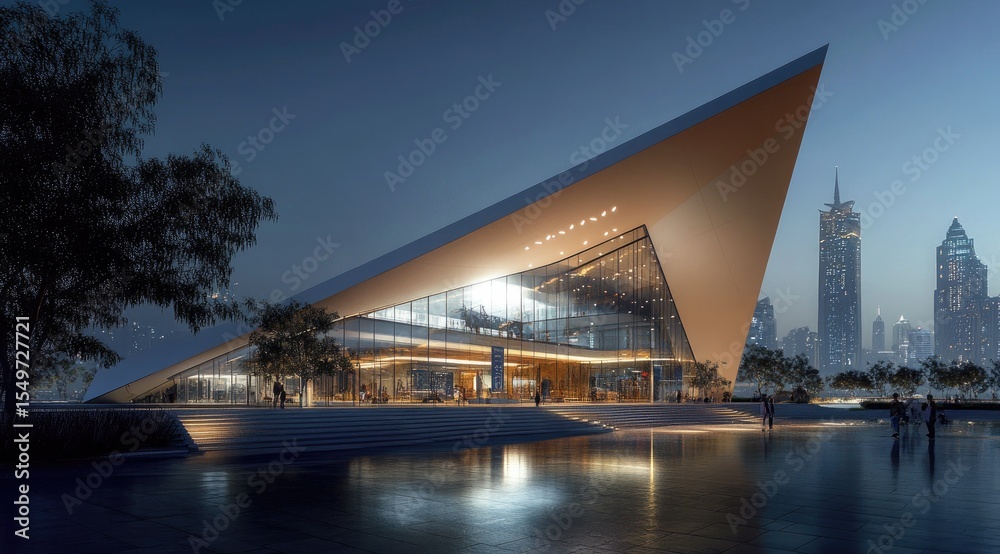 Obraz premium Modern triangular building at dusk, reflecting in water, city skyline in background